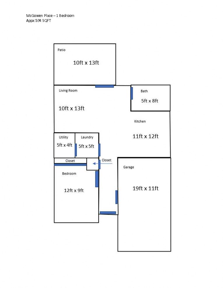 Floor plan for 1 bed, 1 bath, 700 sqft
